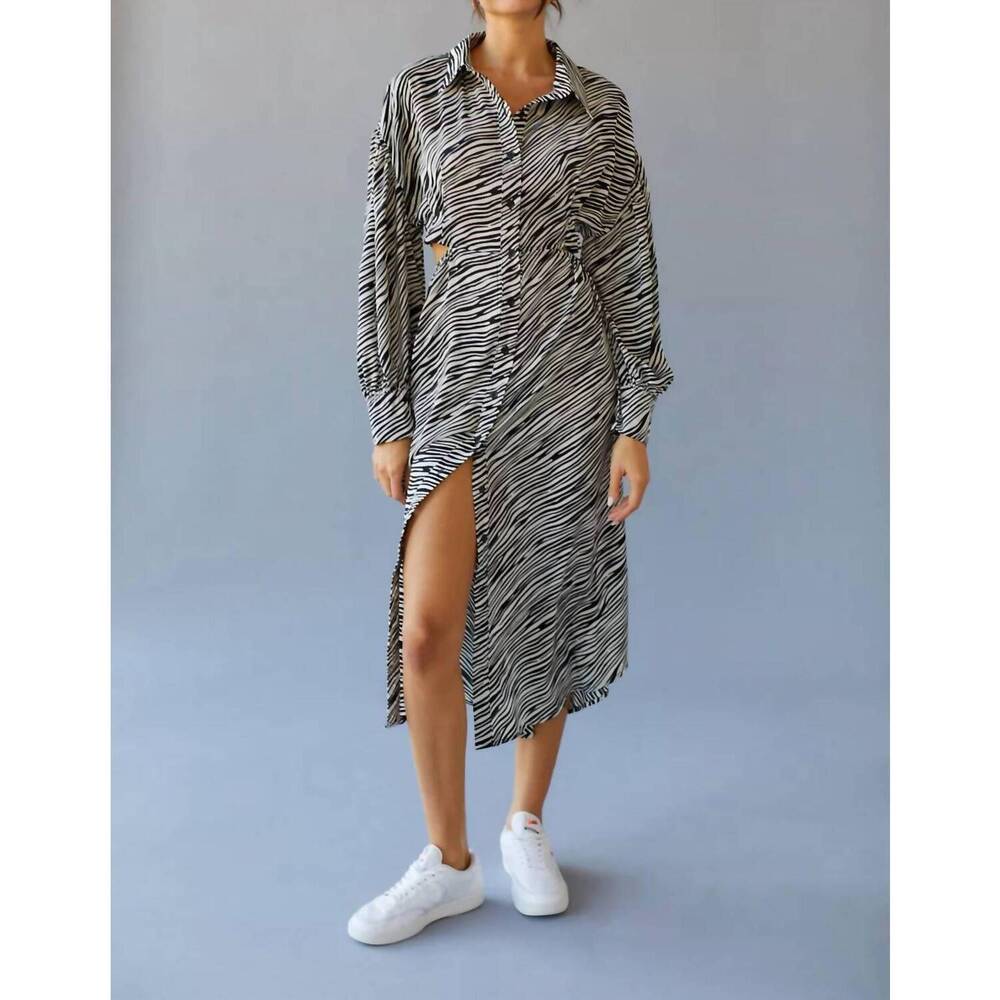 NEW GHOSPELL ripple cut out shirt dress in zebra print